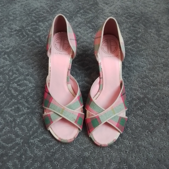 Lilly Pulitzer Cross Your Fingers Heel in Cocktail Pink Palm Beach Prep Plaid 6 - Picture 2 of 13